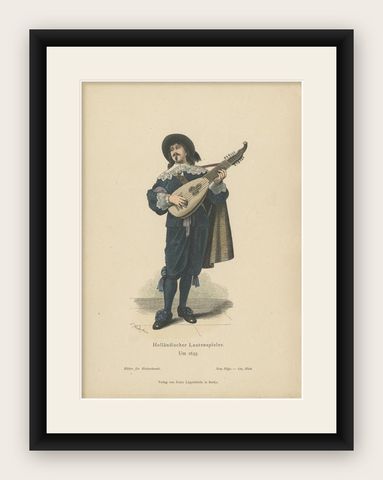 Antique Costume Print of a Lute Player from Holland, c.1880, shown framed