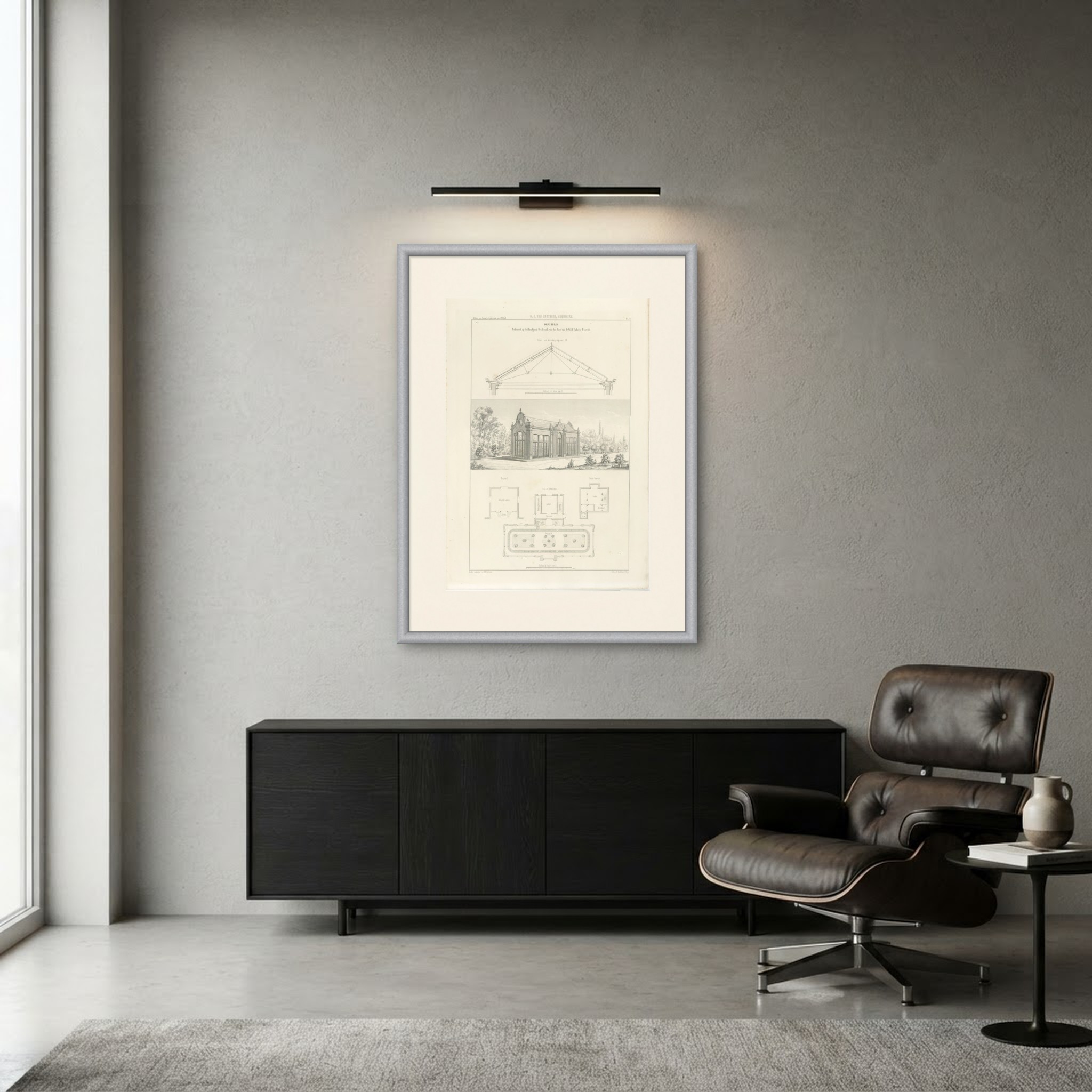 Orangery at Heidepark, Utrecht, Dutch Architecture Print, Leliman, 1865-1866, shown framed in a room