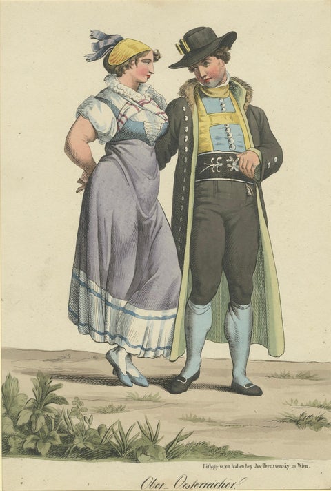 Upper Austria Folk Costume Couple, Antique Lithograph, Trentsensky c.1825, close-up 5