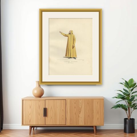 Antique Print of a Plebeian Costume, Italy, 14th Century, by Bonnard, 1860, shown framed on a wall