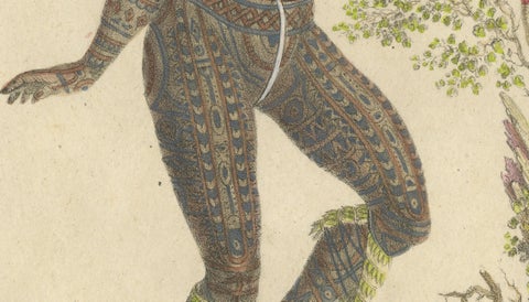 Tribal Tattoos & Warrior Costume, Brodtmann Hand-Colored Lithograph, 1816, close-up 4