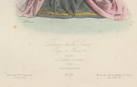 Antique French Costume Print of a Lady of the Court, Reign of Henri III, ca.1860, close-up 1