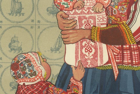 Dutch Women and Infant Traditional Dress from Marken, Old Costume Print, 1932, close-up 2