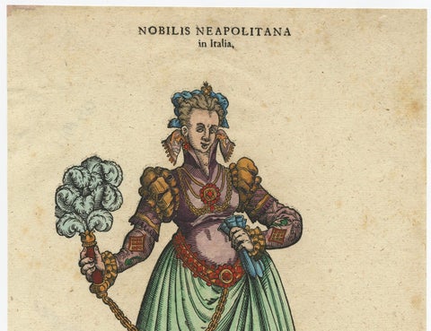 Noblewoman of Naples, Rare Antique Costume Woodcut, Jost Amman, 1577, close-up 1
