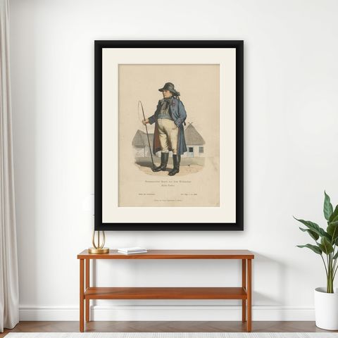 Polish Farmer on an Old Costume Print from the Polish Region of Pyrzyce, 1880, shown framed on a wall