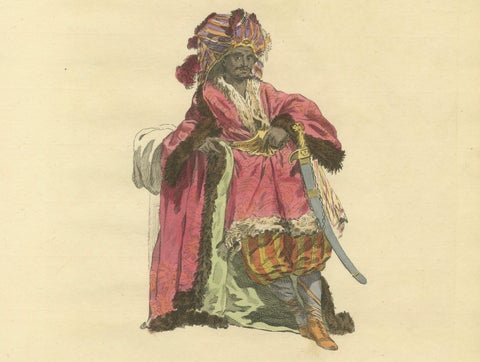 Antique Costume Print, Indian Chief, Exotic Dress & Arms, 1749, close-up 2