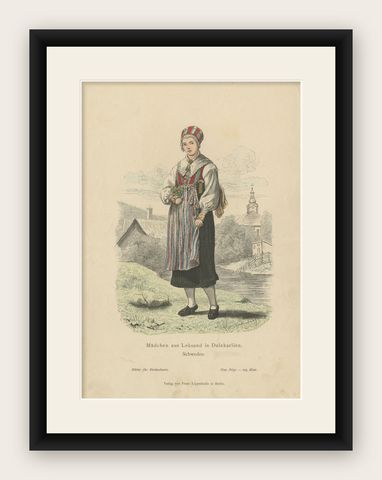 Antique Costume Print of a Girl from Leksand in Sweden, c.1880, shown framed