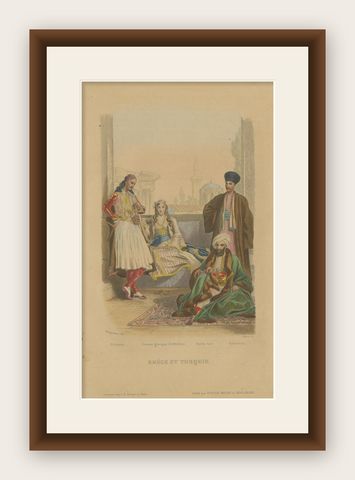Antique Hand-Colored Costume Print of Greece, Turkey and Armenia c1860, shown framed
