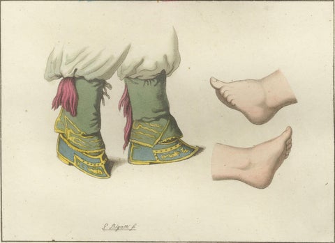 Antique Hand-Coloured Engraving of Chinese Costume & Footbinding, 1815, close-up 3