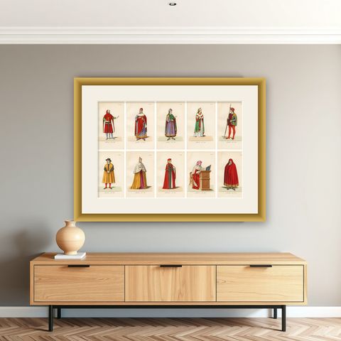 Medieval Knights, Clergy & Nobles, Set of 10 Costume Prints, 1845, shown framed on a wall