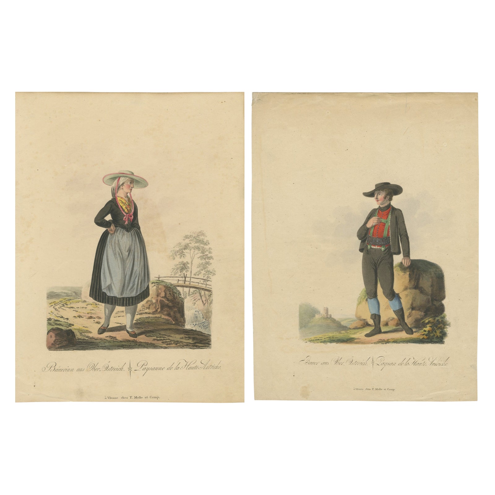 Upper Austria Folk Costume Pair, Antique Hand-Colored Lithographs, Vienna 1825