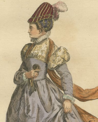 Lady of Quality in France with a Striped Toque, Jefferys Costume Plate, 1757, close-up 1