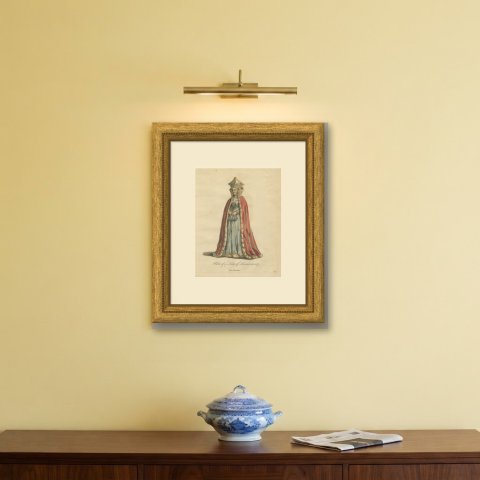 Habit of a Lady of Livonia in 1577, Hand Colored Jefferys Costume Plate, 1757, shown framed on a wall