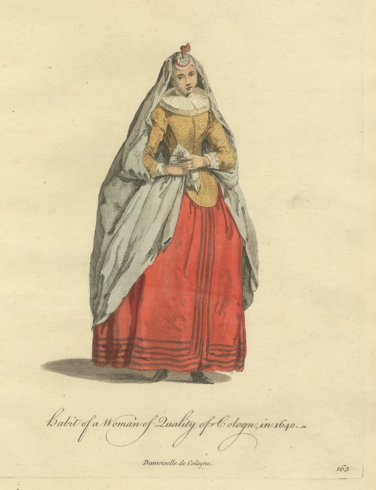 Woman of Quality of Cologne in Gray Veil and Red Skirt, Costume of 1640, 1757