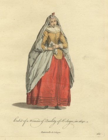 Woman of Quality of Cologne in Gray Veil and Red Skirt, Costume of 1640, 1757