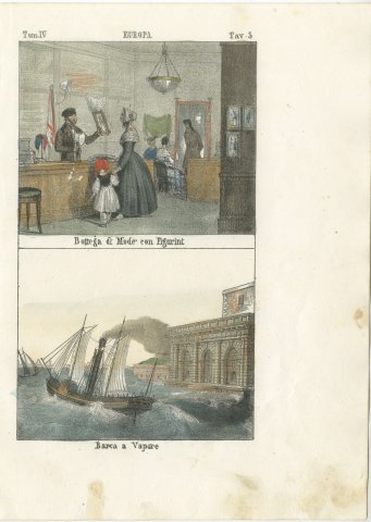 Fashion Shop with Fashion Plates and a Paddle Steamer, Hand Colored Print, 1842, view 2