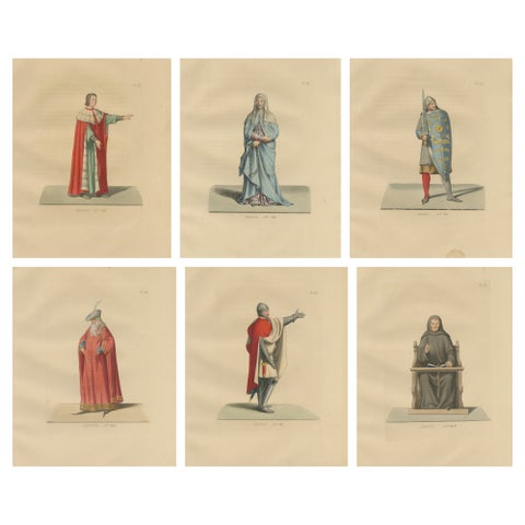 Six Medieval Costumes Hand-Colored Lithographs, France, Circa 1860
