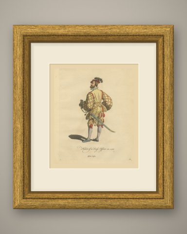 Habit of a Swiss Officer in 1588, Hand Colored Jefferys Costume Plate, 1757, shown framed