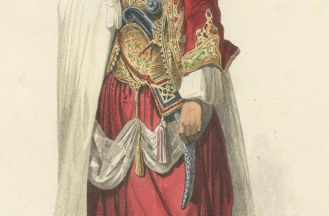 Arab Chief Costume Print Algeria 1853 by Compte-Calix, Hand-Colored Lithograph, close-up 3