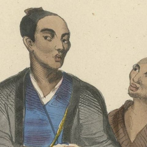 Original Hand-Colored Antique Print of a Japanese Nobleman & Servant, ca.1845, close-up 2