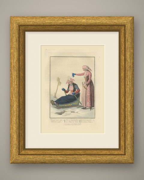 Molkwerum Sledge on the Ice, Frisian Costume Print, 1811, shown framed