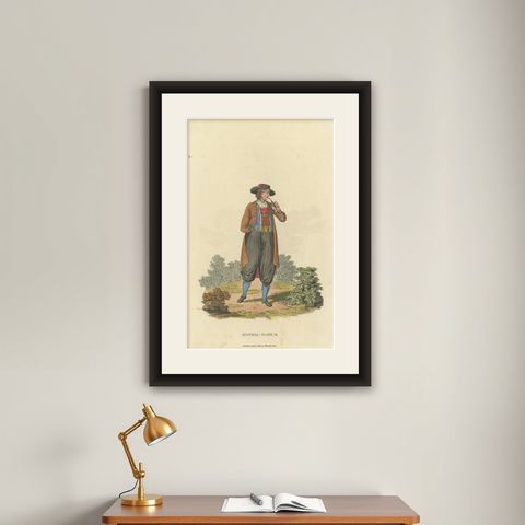 Traditional Austrian Male Costume: Regency Era Fashion from 1804-1808, shown framed on a wall