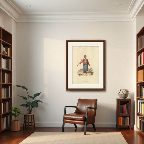 Antique Print of an Spahi, from The Military Costume of Turkey 1818, shown framed in a room