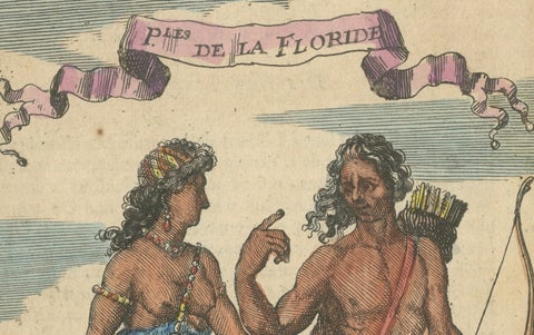 Florida Indians, Couple in Traditional Dress, Mallet America Engraving, 1683, close-up 2