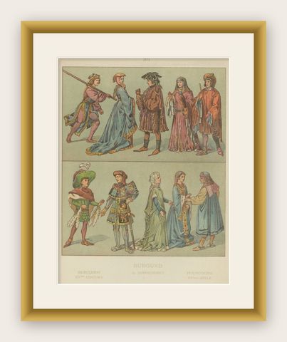 Burgundian Renaissance-Era Costume, 15th Century Antique Print, Published c.1880, shown framed