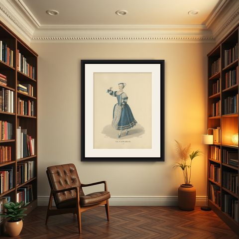 La Camargo, Hand-Colored Engraving of Famous Parisian Dancer, c.1900, shown framed in a room