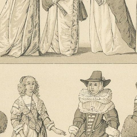 Pl. 158 Antique Print of English Dresses by Racinet, 'circa 1880', close-up 2