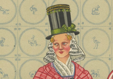 Chromolithograph of Frisian Women in Tall Sunday Hats and Checked Aprons, 1932, close-up 5