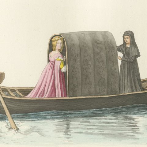 Venetian Noblewoman and Nun in Gondola, Medieval Costume Plate, 1845, close-up 6