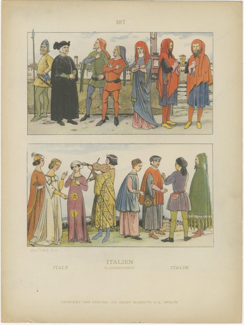 Italy 10th–16th Century, Set of Eight Antique Hand-Colored Costume Prints, 1880, view 3
