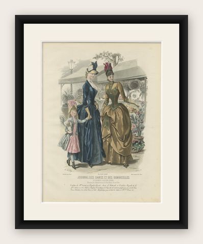 Antique French Fashion Plate, Elegant Ladies in Garden Scene, c.1880, shown framed