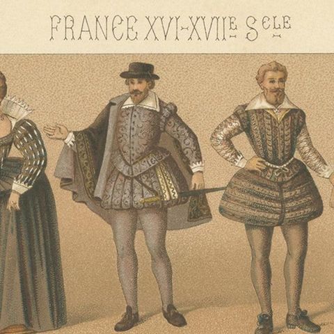 Pl. 84 Antique Print of French XVI-XVIIth Century Costumes by Racinet circa 1880, close-up 1
