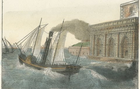 Fashion Shop with Fashion Plates and a Paddle Steamer, Hand Colored Print, 1842, close-up 2