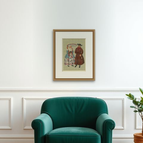 Frisian Costumes of Makkum in The Netherlands with Lace Cap and Redingote, 1932, shown framed on a wall