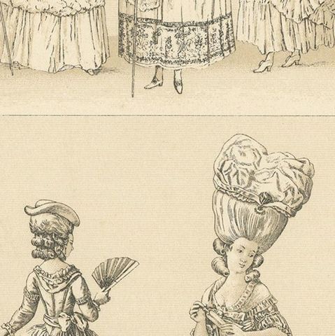 Pl. 121 Antique Print of French 18th Century Dresses by Racinet, 'circa 1880', close-up 2