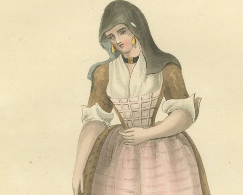 Woman of Broeck, Dutch Regional Dress, Antique Ackermann Print, 1817, close-up 1