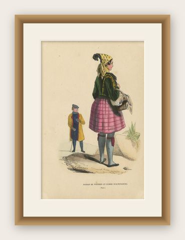 Antique Costume Print of a Peasant of Wenden and Lady of Altenburg by Wahlen, shown framed