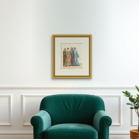 Medieval Italian Courtship c.1300s, Nobles in Historic Dress, Print 1845, shown framed on a wall