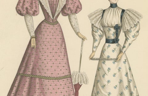Victorian Fashion Duets: Elegant Ensembles in Lithographs Published in 1889, close-up 2