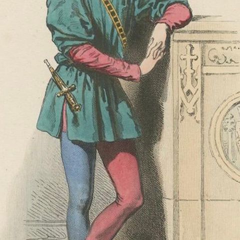 Antique French Costume Print of Medieval Page Boy, Hand-Colored, 19th Century, close-up 6