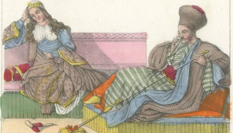 Greek Archon and His Wife with Athenian Peasant Women, Lithograph, 1842, close-up 1