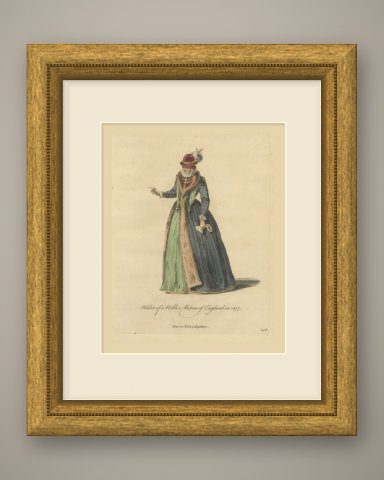 Habit of a Noble Matron of England in 1577, Jefferys Costume Plate, 1757, shown framed