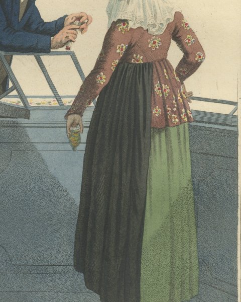 The Fixed Price, Shopkeeper and Customer, Dutch Costume Print, 1811, close-up 2