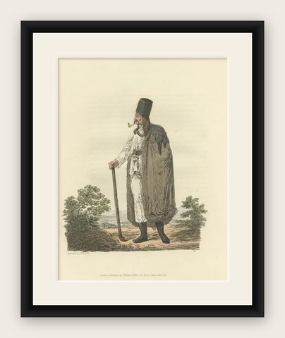 Original Hand-Colored Antique Costume Print of a Peasant from Hungary, 1804, shown framed