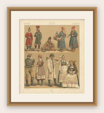 Pl. 127 Antique Print of Swedish Costumes of Racinet, 'circa 1880', shown framed