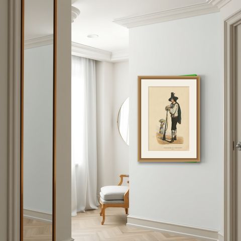 Antique Costume Print of Hunter in the Ziller Valley by Wahlen '1843', shown framed in a room